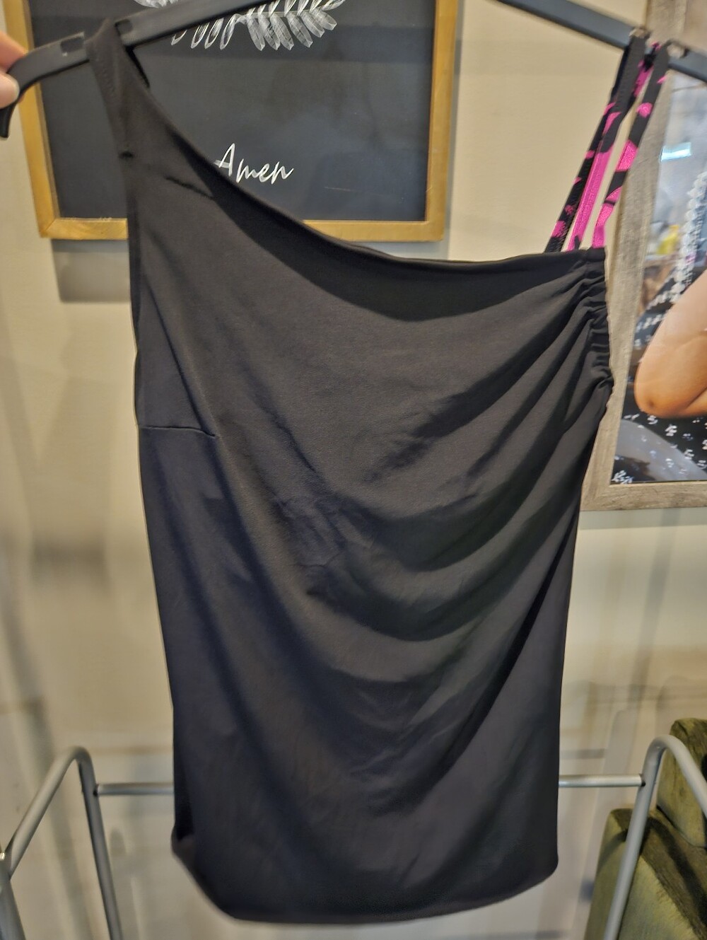 Magic Suit Swimsuit Dress size 14 Pink And Black Floral Slimming Swoop Shoulder